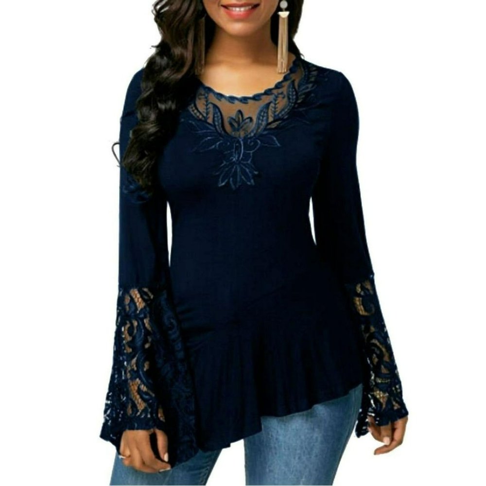 Navy Blouse with Flare Lace Sleeves Size XL criss cross back